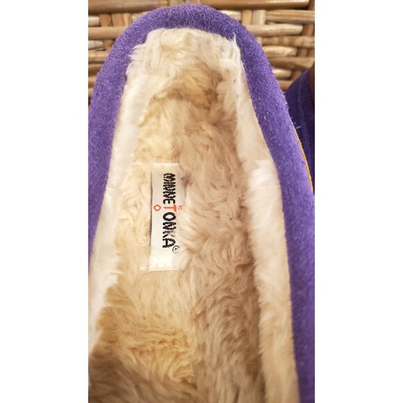 Minnetonka Girls Purple Suede Moccasin Slippers Faux Fur Leather lace Size 4 - Picture 5 of 12